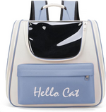 Pet carrier with a cat reflection on a white background, labeled 'Hello Cat'.