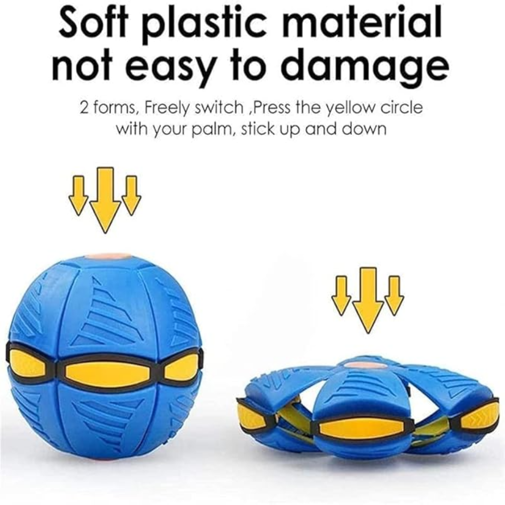 Blue and yellow soft plastic ball with text on a white background