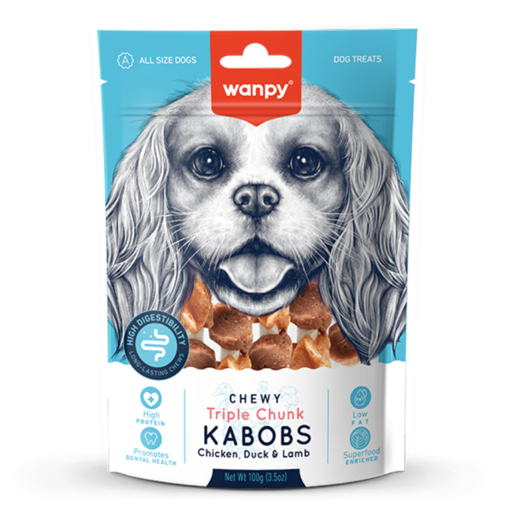 Wanpy Treat For Adult Dog Chewy Triple Chunk Kabobs Chicken , Duck & Lamb 100 g