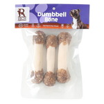 Packaged dog treats labeled 'Dumbbell Bone' by Rich, with a purple label and clear packaging.