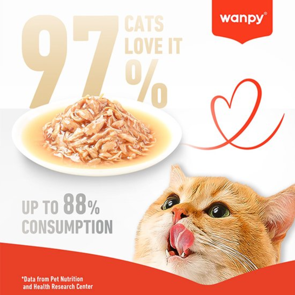 Cat food with a cat licking its paw, featuring the Wanpy brand.
