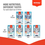 Wanpy cat food packages for kitten and adult cats with various tastes on a white background.