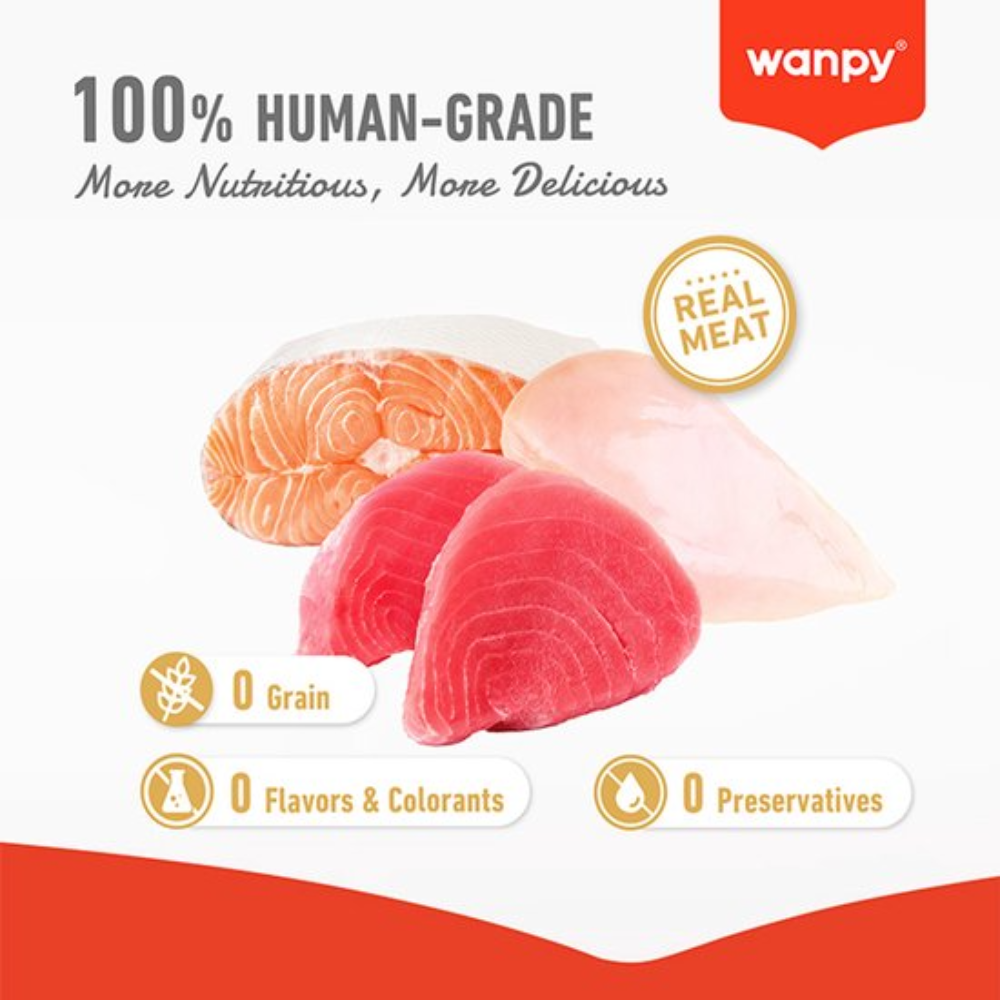 Advertisement for wanpy pet food with raw meat slices and brand logo.