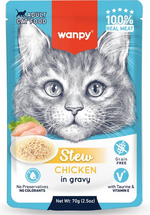 Wanpy cat food pouch with a kitten illustration on a blue background