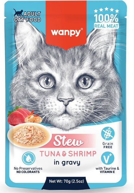 Wanpy cat food pouch with a kitten illustration on a blue background