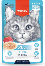 Wanpy cat food pouch with a kitten illustration on a blue background