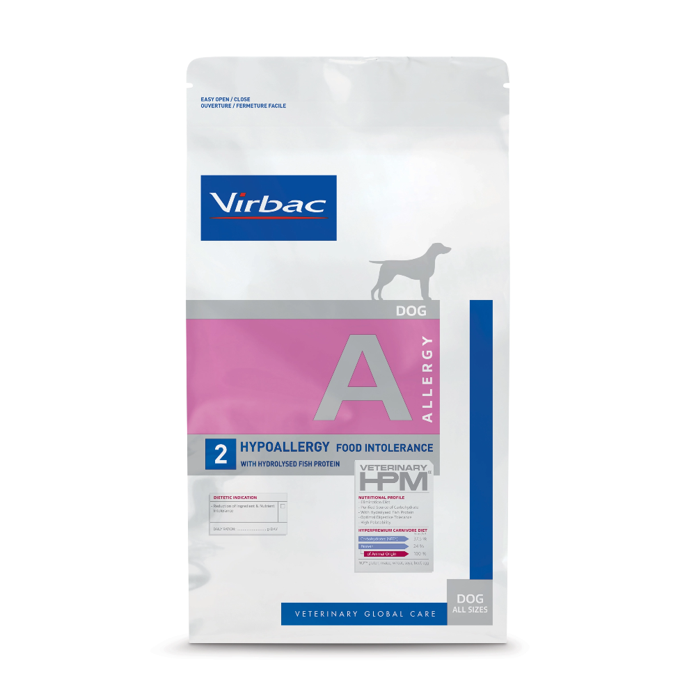 Dog food package for allergy and food intolerance with Virbac branding on a white background