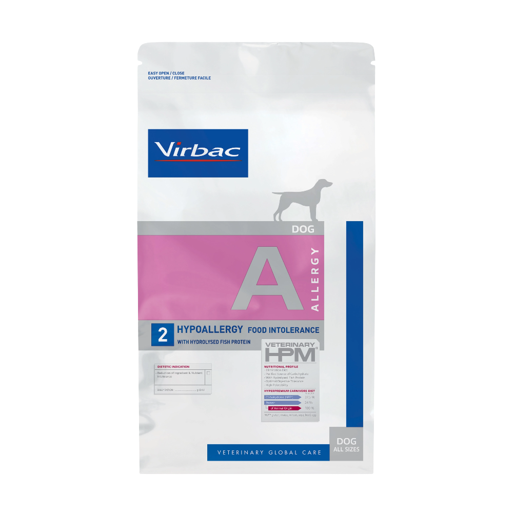 Dog food package for allergy and food intolerance with Virbac branding on a white background