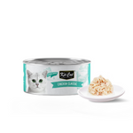 Can of Kit Cat Chicken Classic cat food with a small plate of food on a white background