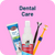 Dental care products for pets including a tube, spray, and brush on a pink background with 'Dental Care' text.