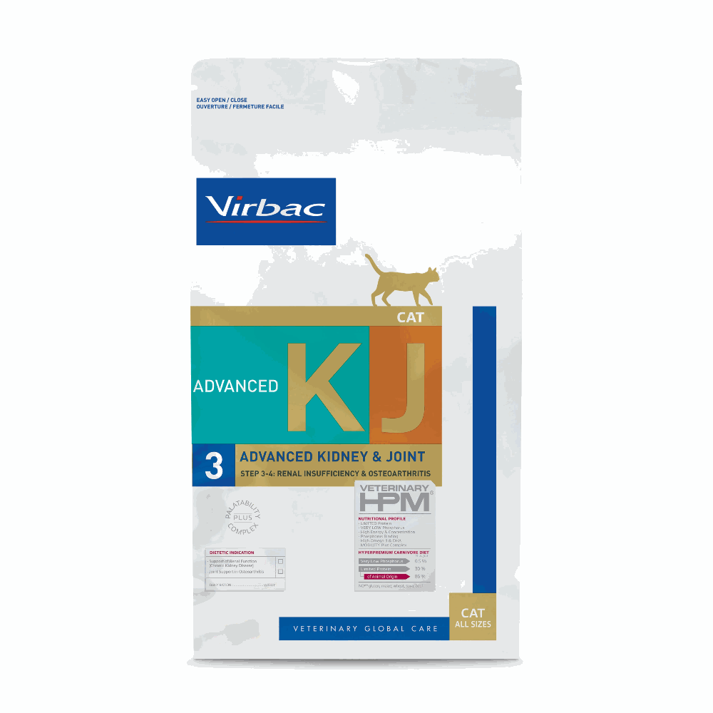 Virbac KJ Advanced Kidney & Joint cat food package on a white background