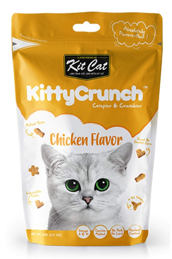 Kitty Crunch cat food package with a cat on the label against a white background