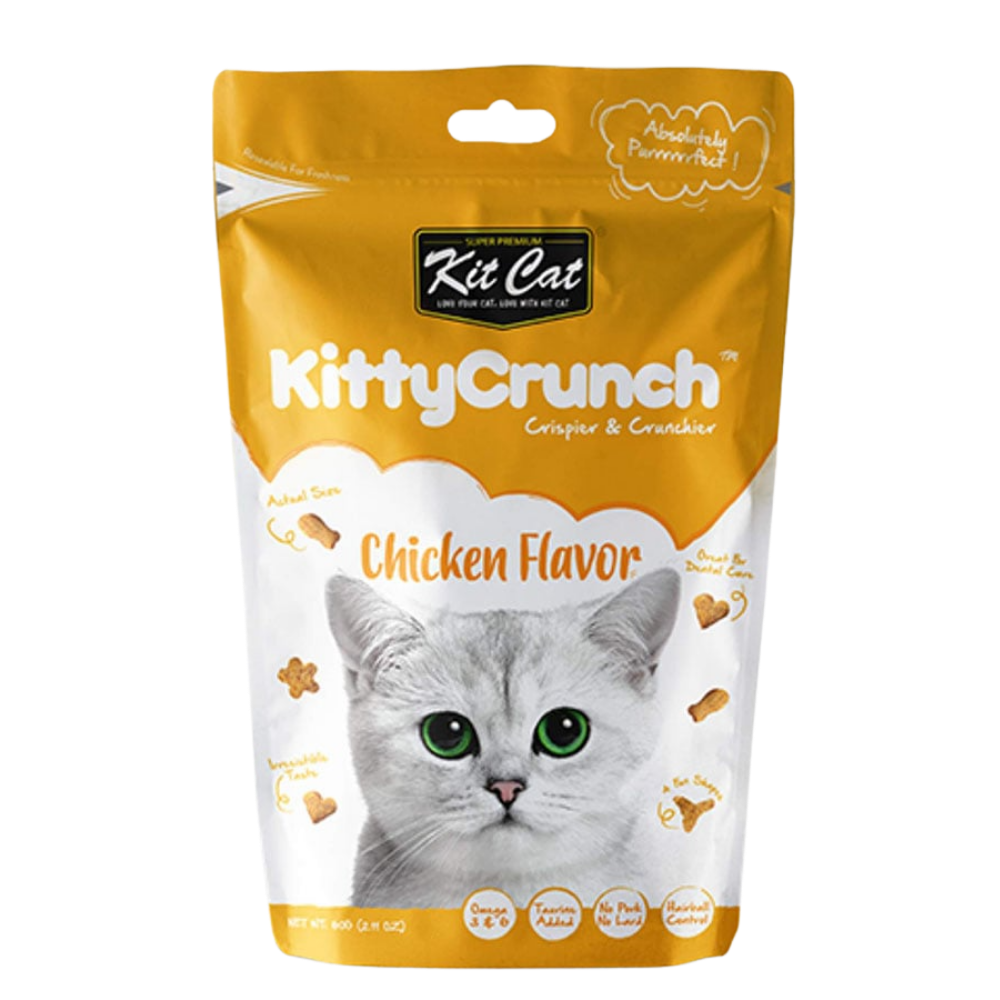 Kitty Crunch cat food package with a cat on the label against a white background