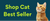 A promotional banner with a dark teal background, yellow text reading 'Shop Cat Best Seller,' and a partial orange tabby cat on the right side.