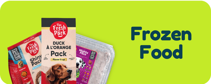 Dog food packages with 'The Fresh Pack' branding on a green banner labeled 'Frozen Food'.
