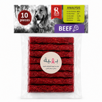 Pack of 10 beef dog treats in a clear plastic bag with a printed header card. The treats are deep red and textured.