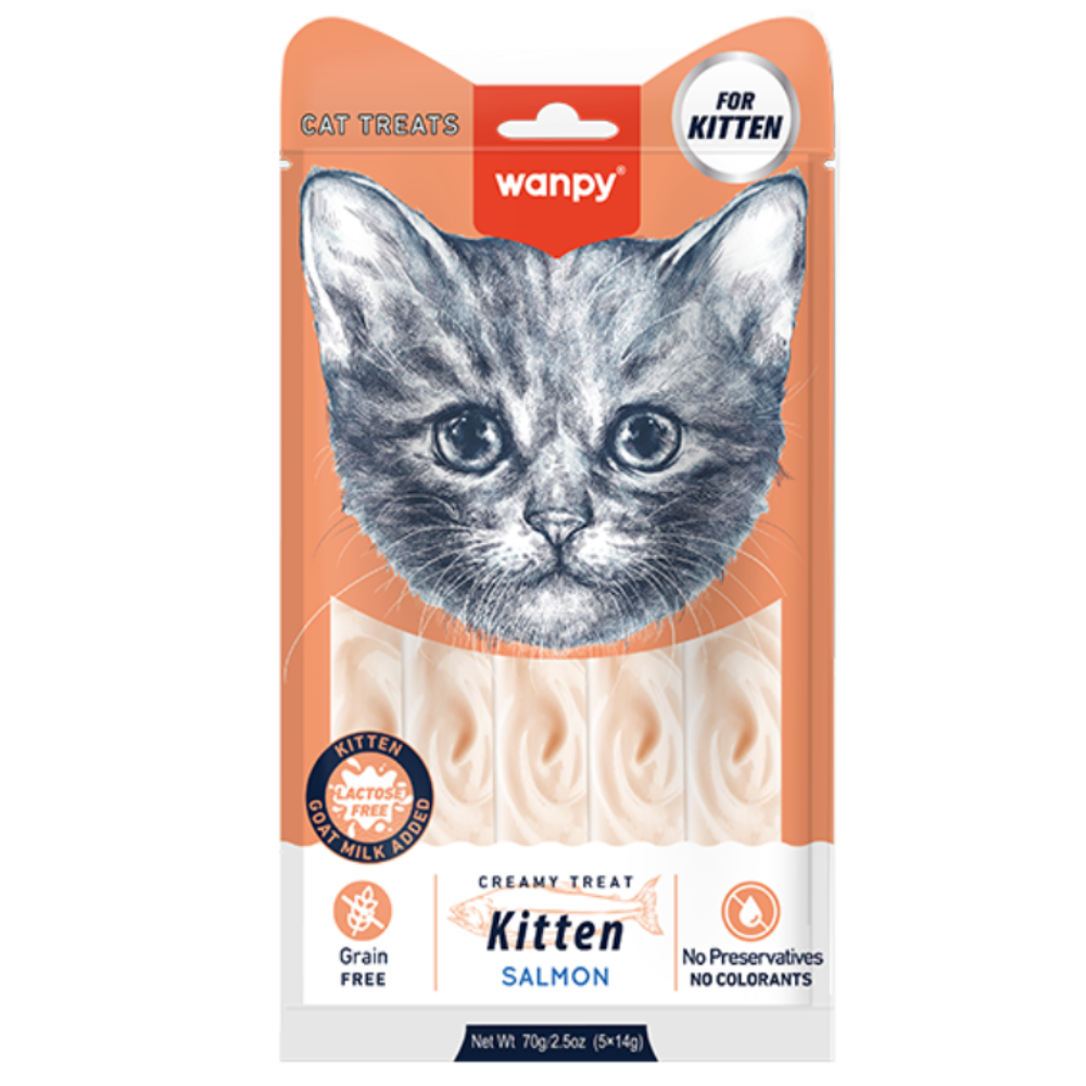 Wanpy cat treat package for kittens with salmon flavor on a white background
