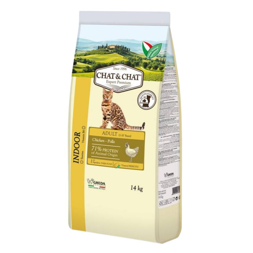 Bag of Chat & Chat cat food with a scenic label on a white background