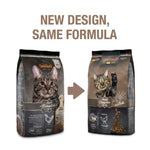 Two bags of cat food with a new design comparison on a white background