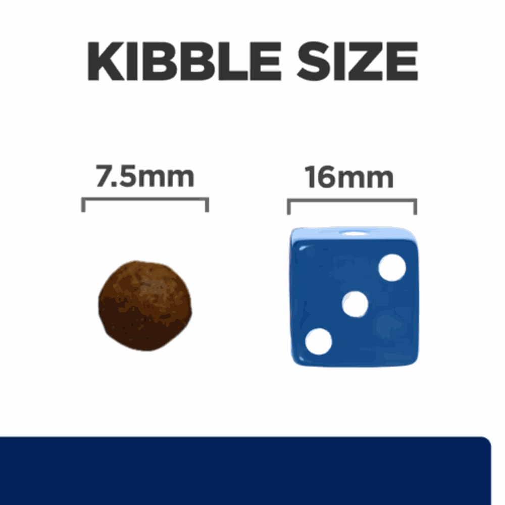 Comparison of kibble size with a 7.5mm round kibble and a 16mm dice shape on a white background.