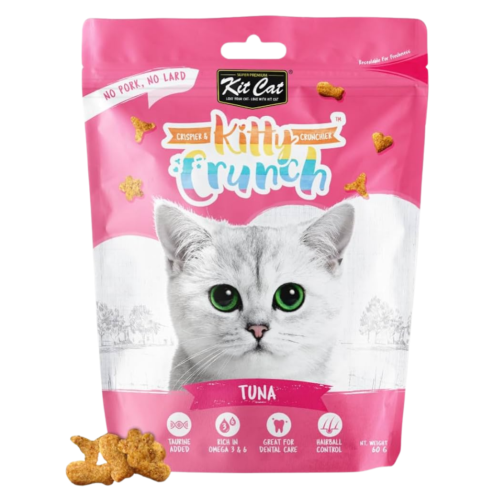 Kit Cat Kitty Crunch tuna cat treats packaging with a white cat on the front.