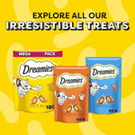 Three Dreamies cat treat packages on a yellow background with text 'Explore all our irresistible treats'.