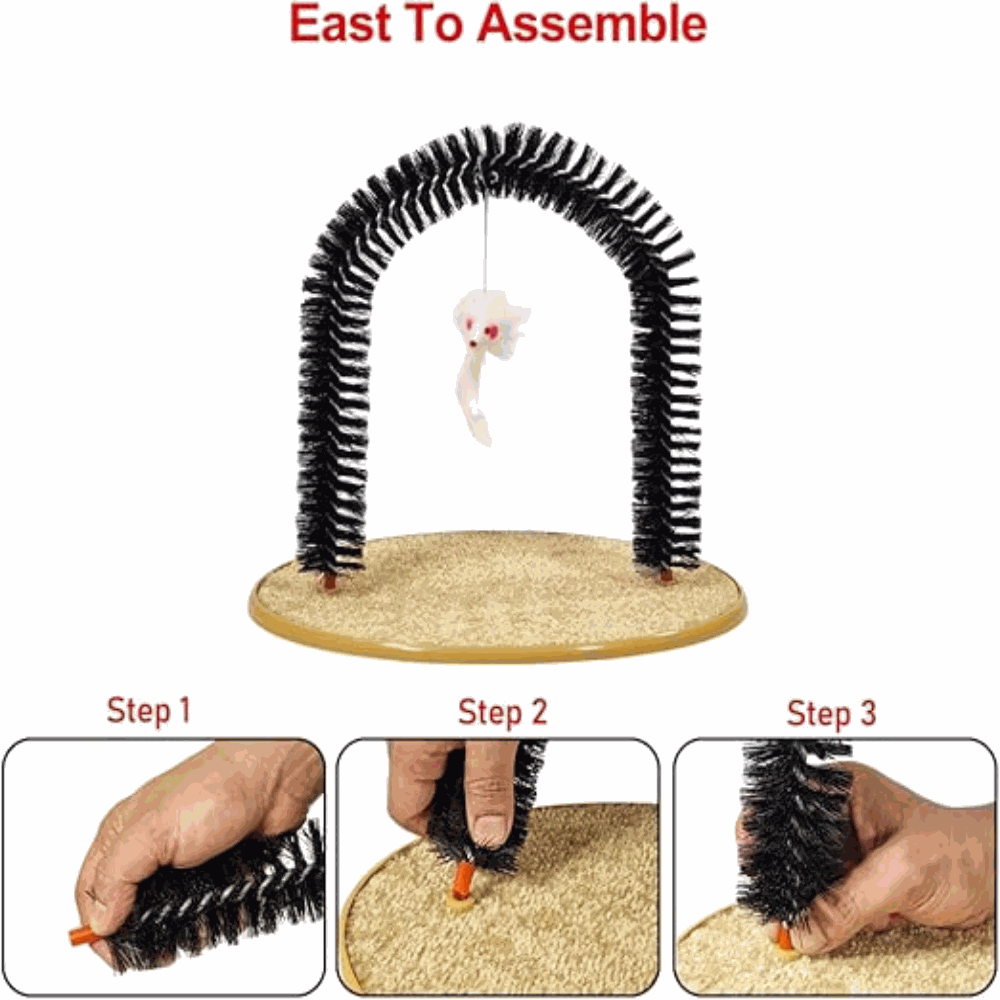 Cat toy assembly process with text 'East To Assemble' on a white background