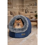 Pet bed with a dog inside in a living room setting, branded 'Moda Living' and 'Petmoda'.