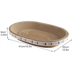 Woven pet bed with dimensions indicated on a white background