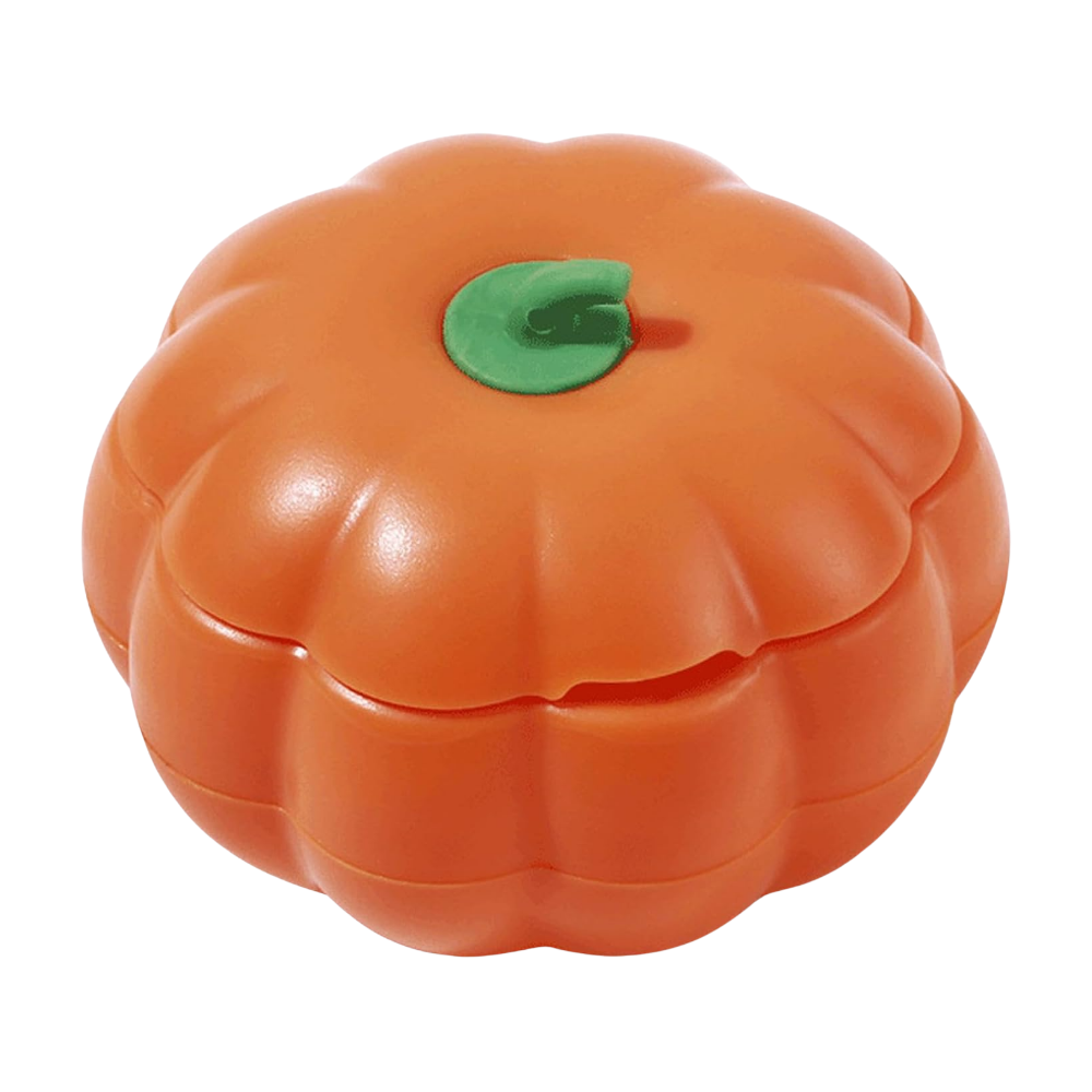 Pumpkin-shaped container with a green stem on a white background
