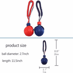 Red and blue ball dog toy with measurement details on a white background