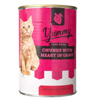 Can of Yummy cat food with a pink label and cat illustration on a white background