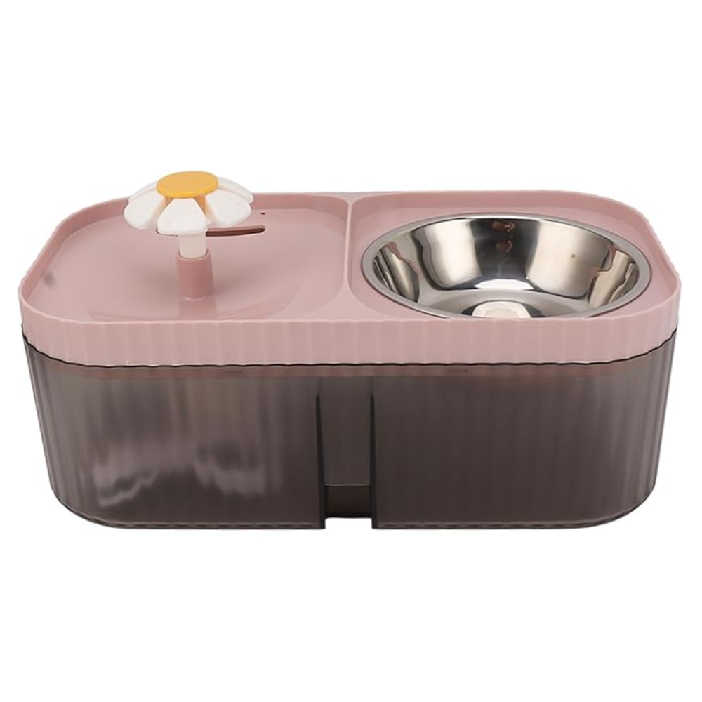 Pet feeding station with a pink top and brown base, featuring a stainless steel bowl.