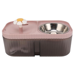 Pet feeding station with a pink top and brown base, featuring a stainless steel bowl.