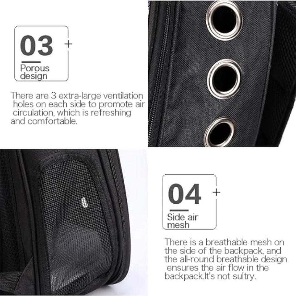 Backpack with ventilation holes and air mesh design, featuring text on its features.