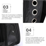 Backpack with ventilation holes and air mesh design, featuring text on its features.