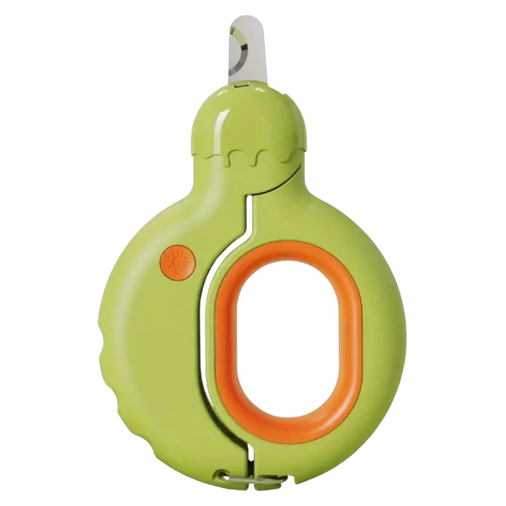 Green and orange retractable dog leash on a white background
