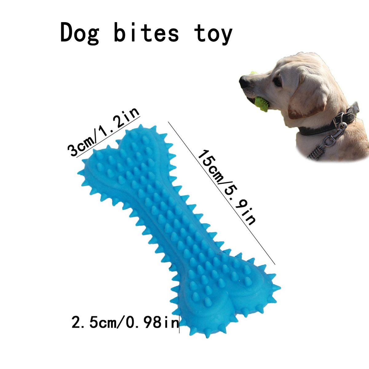 Blue dog bite toy with measurements and a dog holding a green ball.