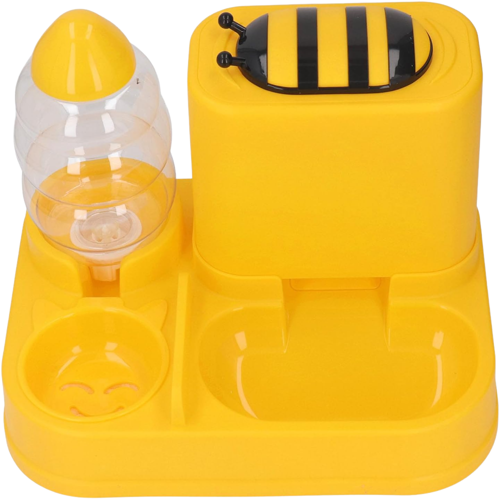 Yellow bee-shaped feeder with a transparent container on a white background