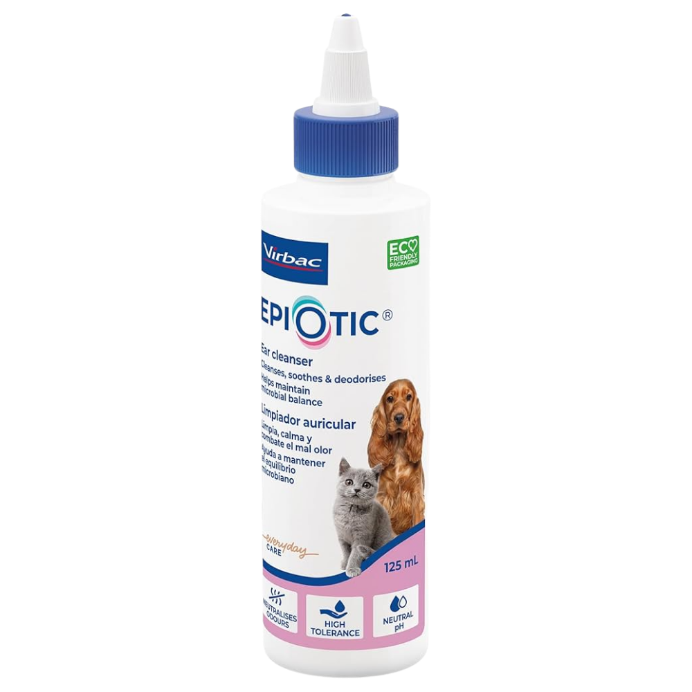 EpiOtic ear cleaner bottle for pets with images of a dog and cat on the label.