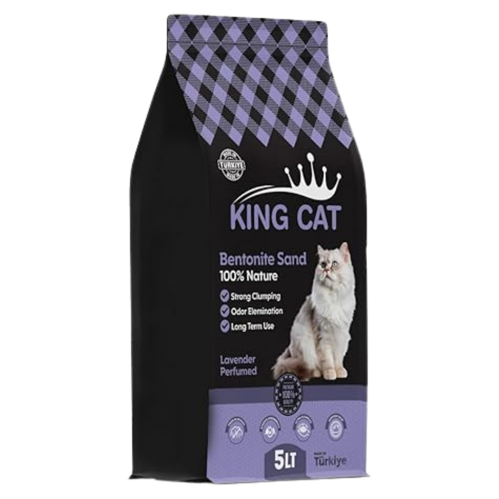 Bag of King Cat bentonite sand with a checkered purple top on a white background