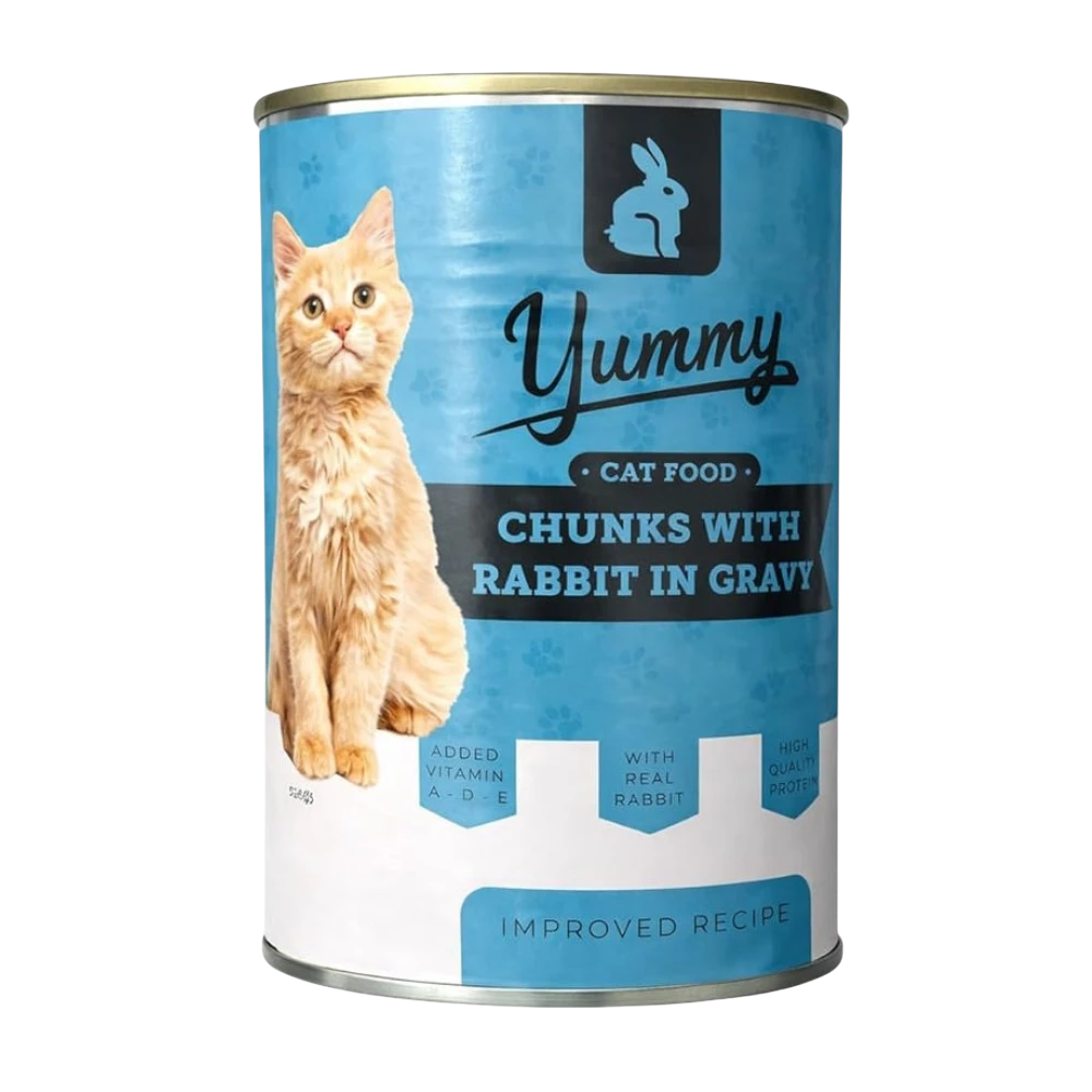 Can of Yummy cat food with a cat on the label