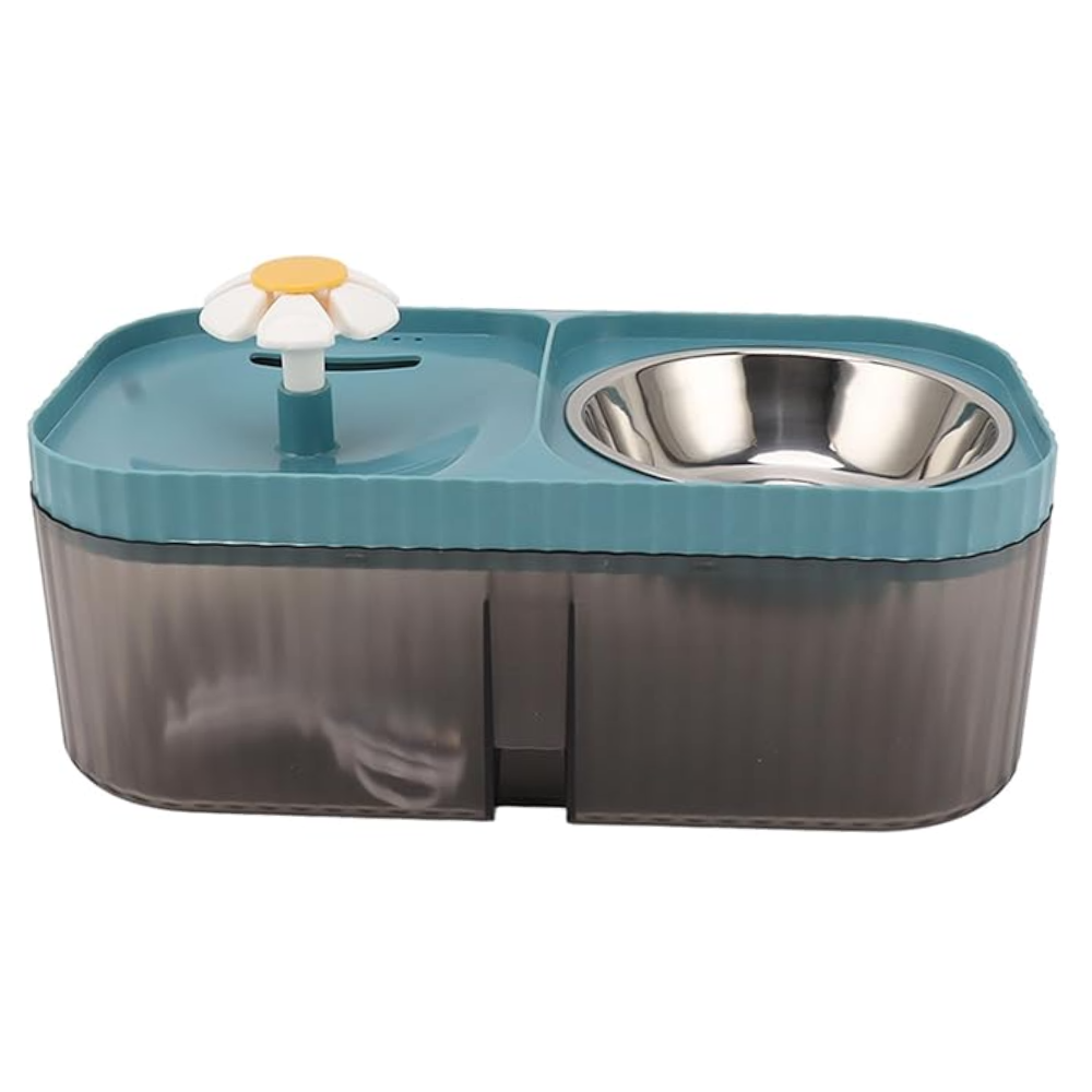 Pet water fountain with a stainless steel bowl on a white background