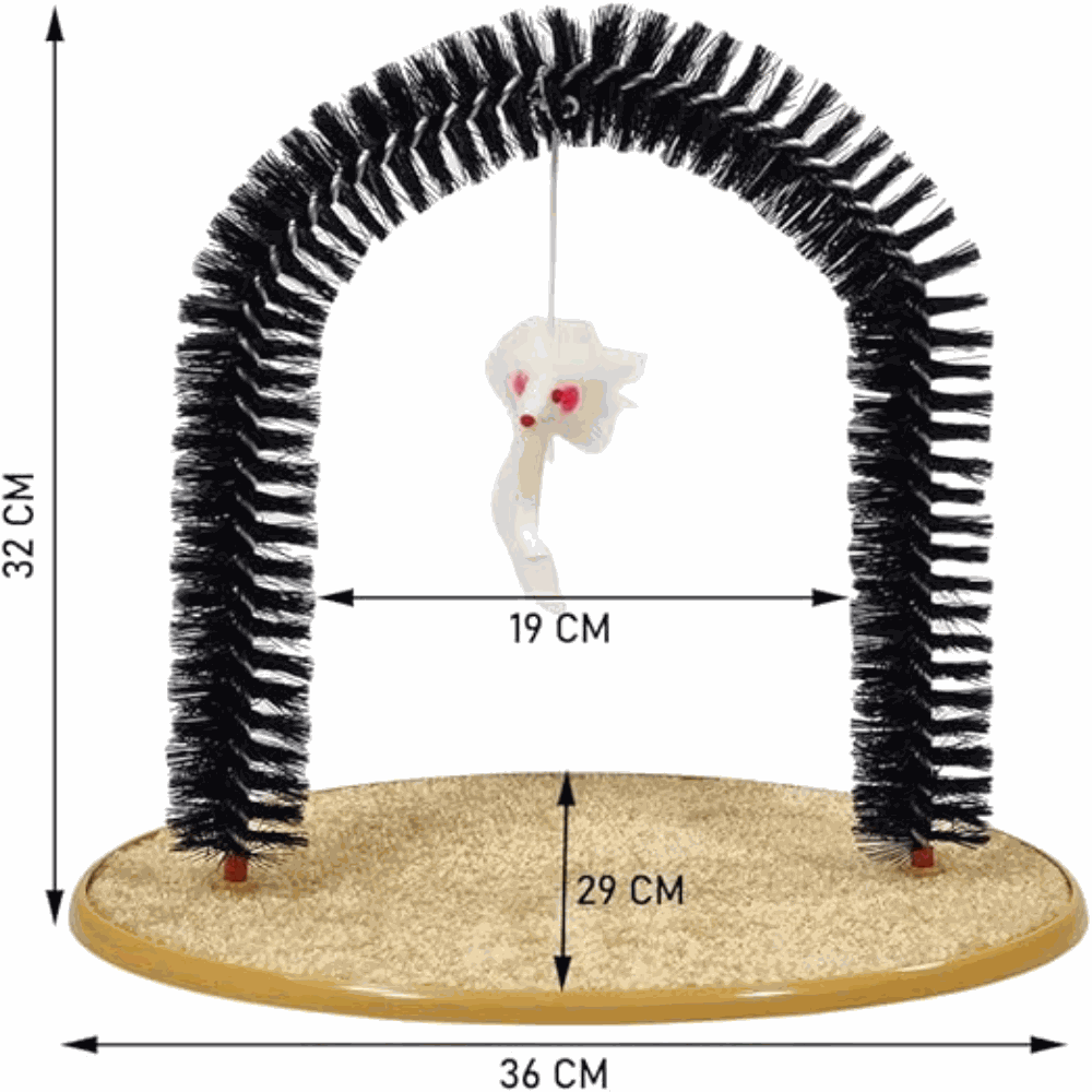 Cat toy with arch and dangling mouse, showing measurements on a white background