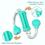 Teal dog toy with white rope, featuring text about natural rubber and washable cotton.