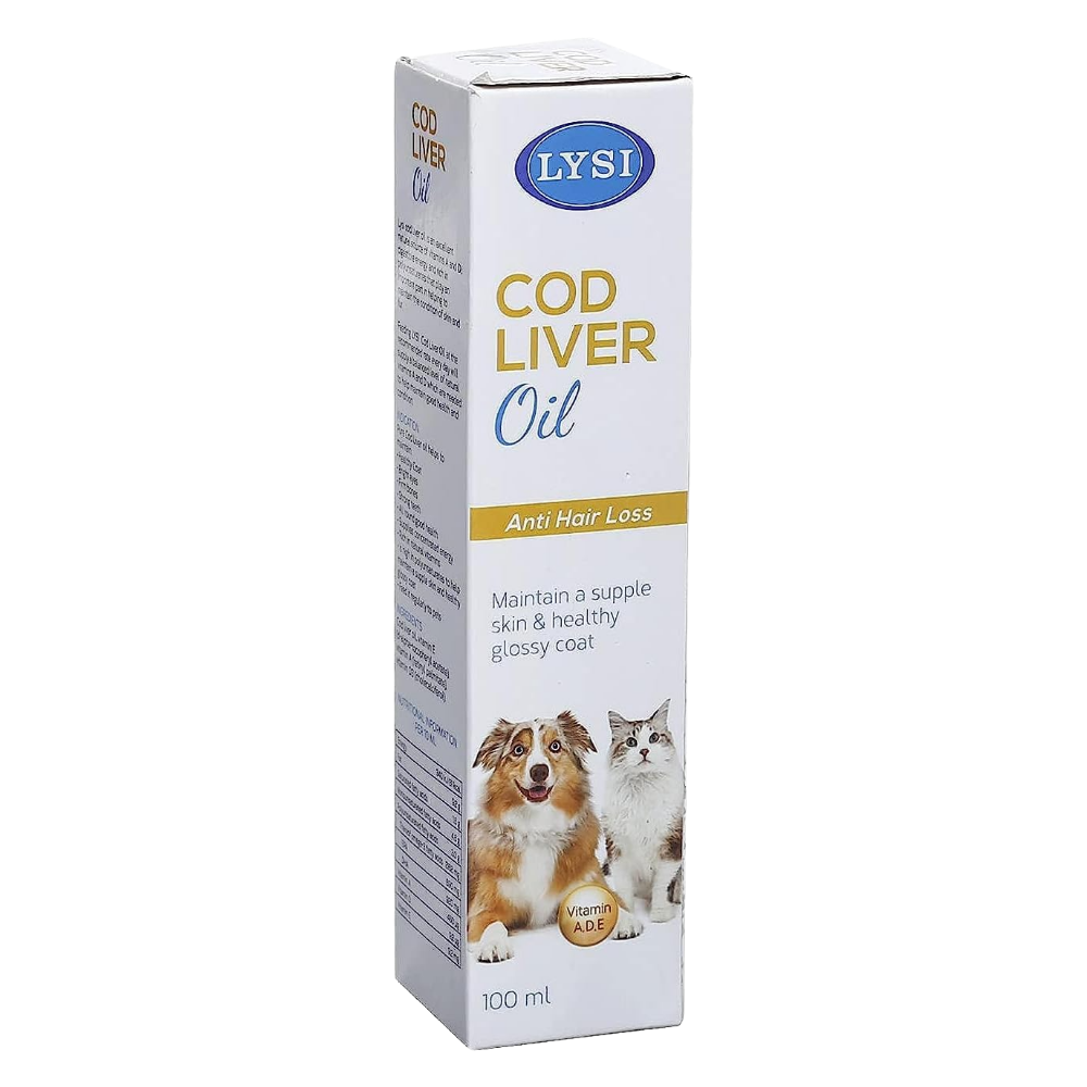 Box of LYSI Cod Liver Oil for pets on a white background