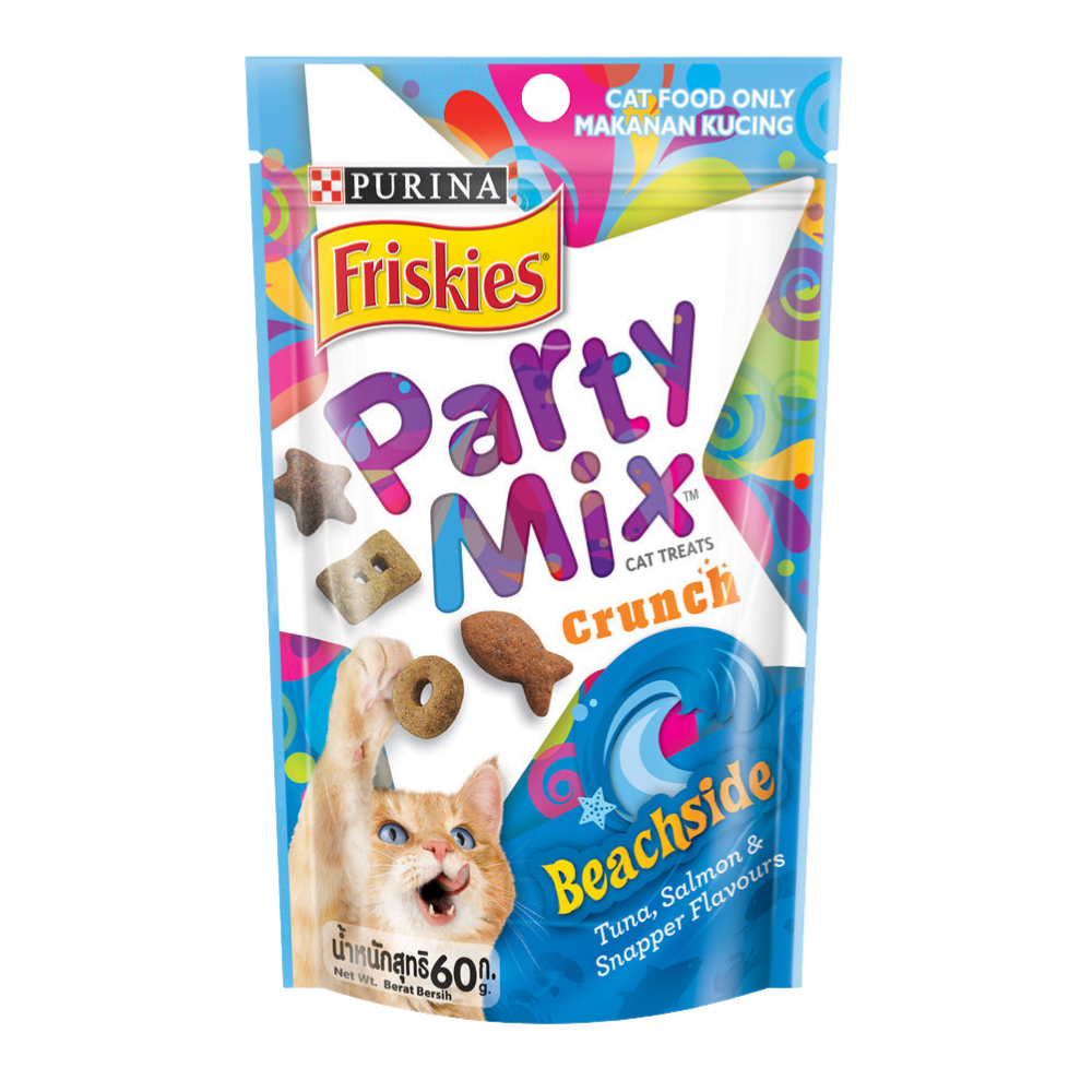 Purina Friskies Party Mix Crunch cat treats packaging on a white background