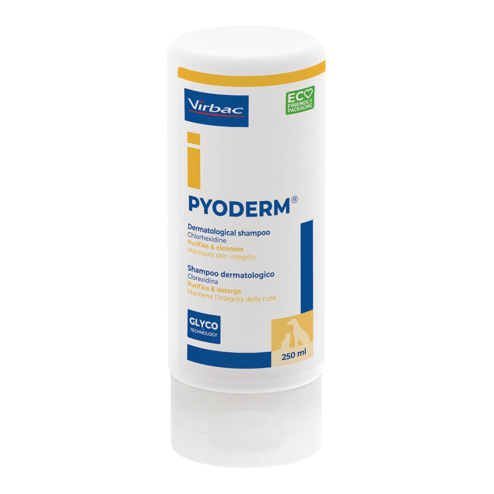 Pyoderm shampoo container with Virbac logo on a white background