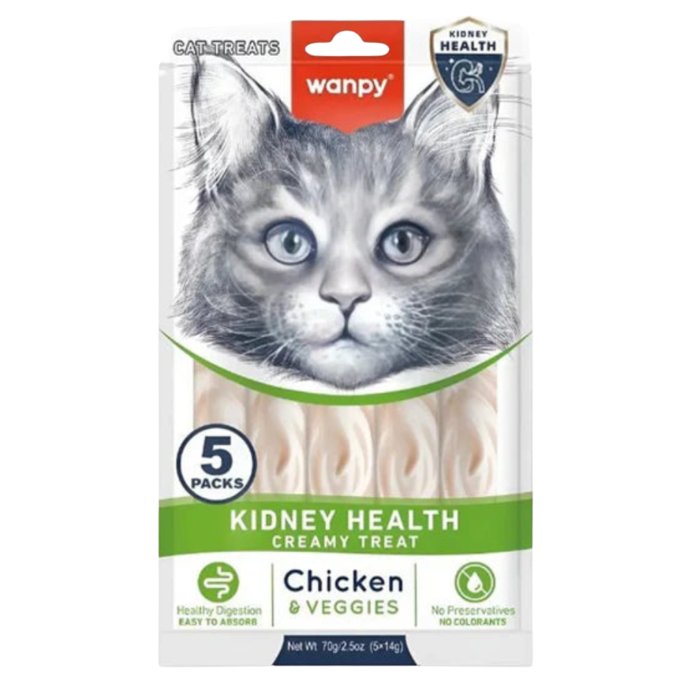 Wanpy cat treats packaging for kidney health with a cat's face on the front.