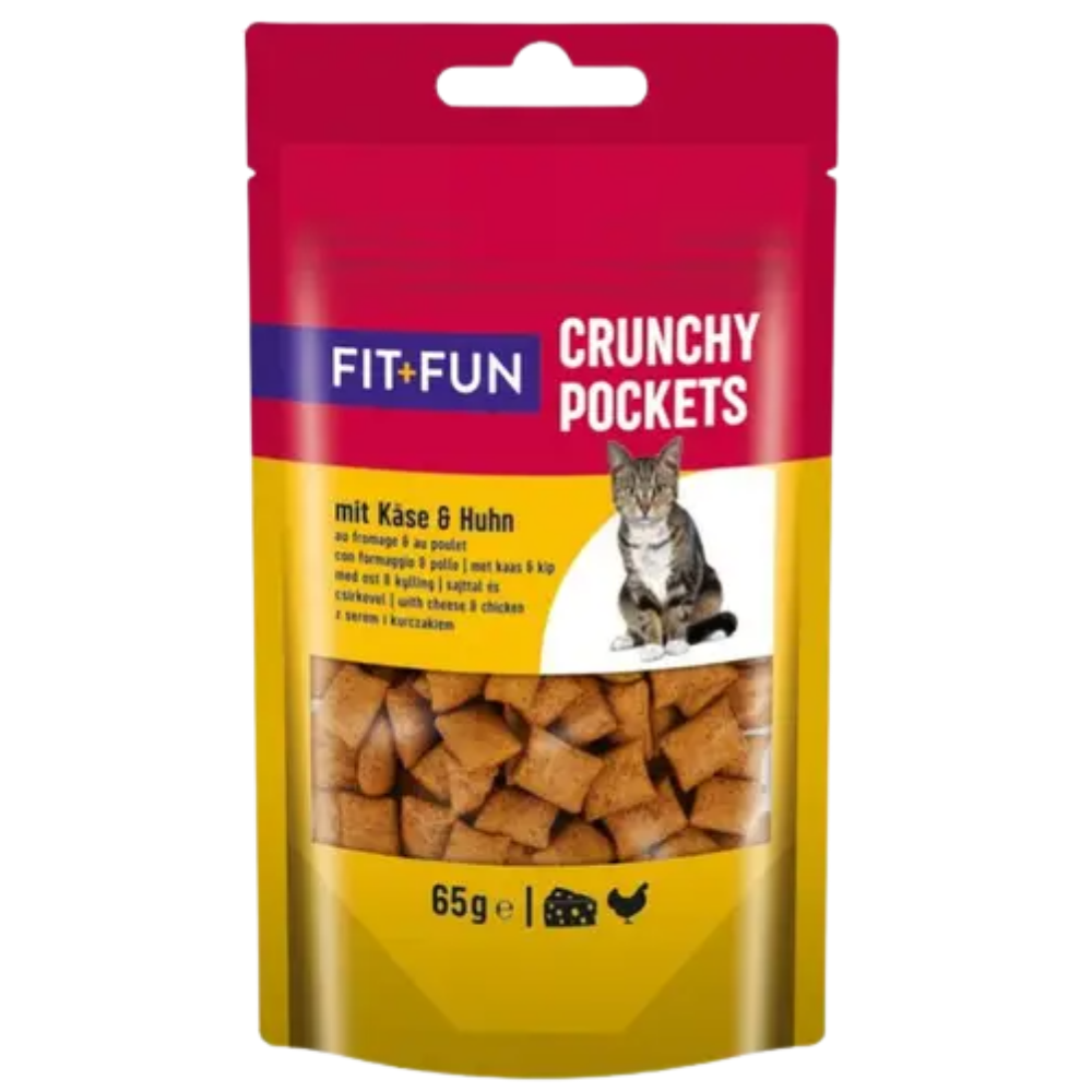Cat food package labeled 'Fit+Fun Crunchy Pockets' with a cat on the label.